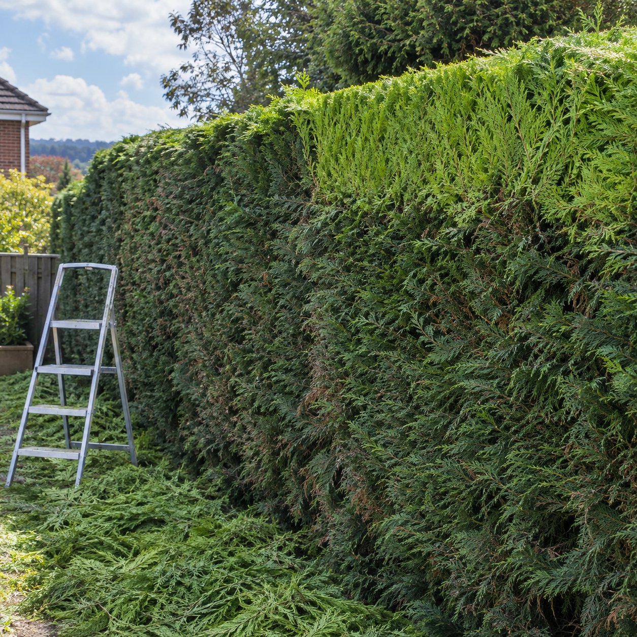 Overgrown leylandii hedge being reduced back to a manageable height